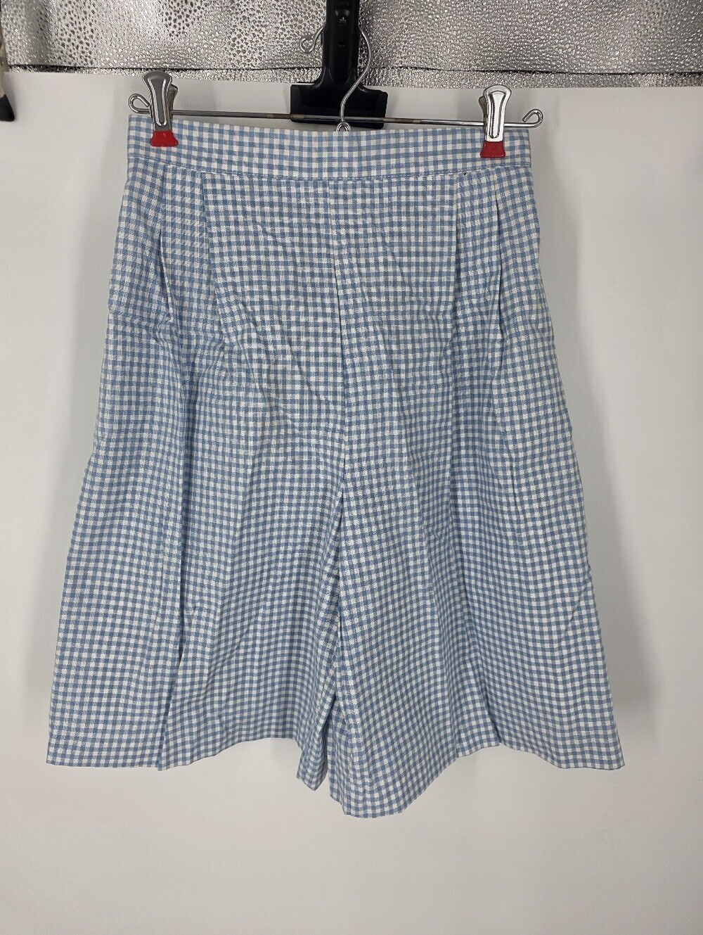 Vintage Amana Woolen Mill Gingham Shorts Womens S Blue White High Waist Pleated